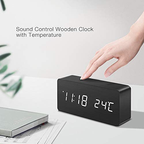 New ThreeH Desk Wooden Alarm Clock Digital 3 Set of Alarm and Voice Control,Large Display Time Temperature,Date,USB or Battery Powered for Home,Kids,Bedroom,Office AC11 Black_White