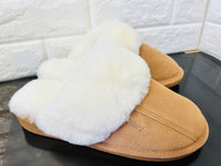 New Product not even in stores or online yet! Women's Cow Suede & Shearling Slippers by Tilley Co. MSRP 130+ COGNAC Sz 7