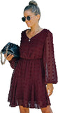 New Tmore Womens Long Sleeve V Neck S-wiss Dot Casual Loose Flowy Swing Tunic Midi Dress in Burgundy, Sz S!