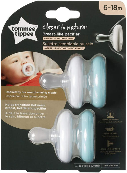 New Tommee Tippee 4 Piece Closer to Nature Soother Pacifier, White & Ice Blue, 6-18 months