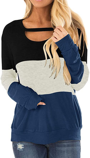 New Topstype Women's Long Sleeve Tunics Color Block Cutout Sweatshirt Loose Fit Top, Sz L!