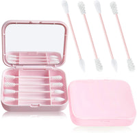 New TOROKOM 4 Count Reusable Portable Silicone Swab for Ear Cleaning, Makeup, 2 in 1 Cotton Swabs Set with Case and Cosmetic Mirror (1 Pack, Pink)