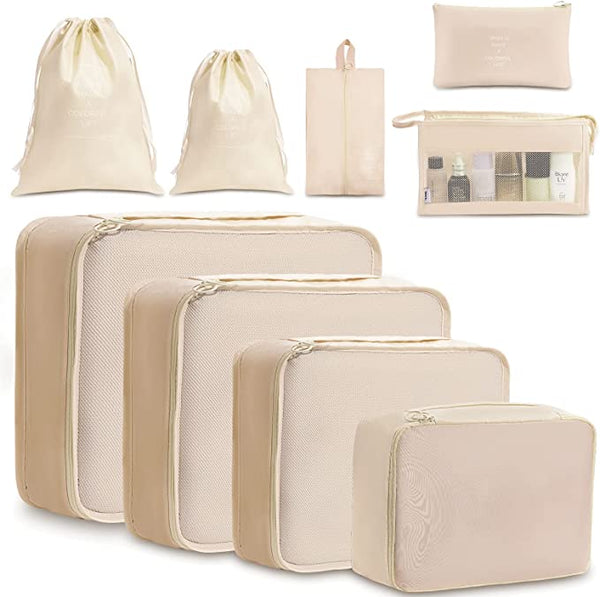 New Travel Packing Cubes,9 Pcs Travel Packing Organizers for Suitcase, Luggage Organizers Waterproof Multi-Functional Clothes Sorting Packages (Beige)