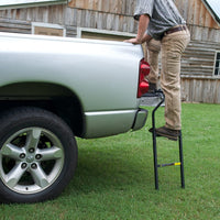 Traxion 5-100 Tailgate Ladder! Easy to install Fits most trucks Deploys in a couple of seconds Reduces strain on you as you get in and out of the bed of your truck Secures neatly against the tailgate