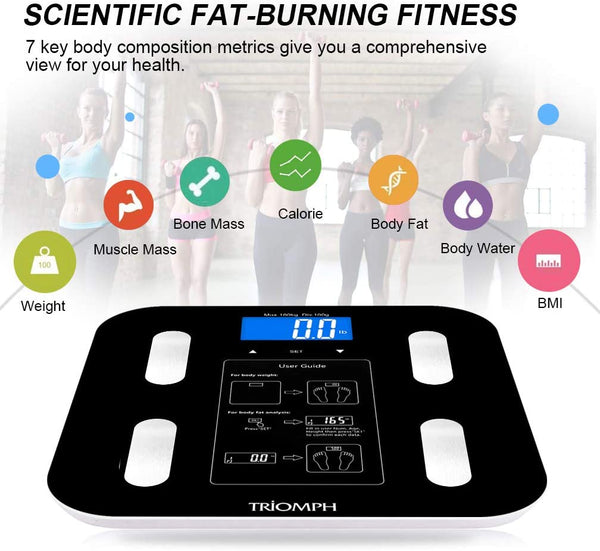 New Triomph Body Fat Scale, Digital Bathroom Scale Body Composition Analyzer with Backlit LCD for Body Weight, Fat, Water, Muscle, BMI, Bone Mass and Calorie, 10 Users, 400 lbs Fat Loss Monitor, Black