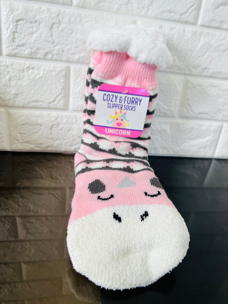 New women's Cozy & Furry Slipper socks with non skid bottoms, Unicorn! Fits Sz 6-10! Great for women & Teens