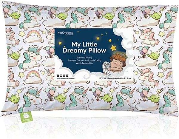 New Toddler Pillow with Pillowcase - Soft Organic Cotton Toddler Pillows for Sleeping - Machine Washable - Toddlers, Kids, Child - Perfect for Travel, Toddler Cot, Bed Set (Unicorn Dreams)