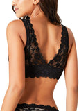 New Ursexyly Women Lace Bralette Deep V Neck Floral Plunge Gatheres Bra Racerback Crop Top with Removable Pads Wirefree, Black, L