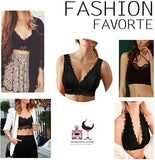 New Ursexyly Women Lace Bralette Deep V Neck Floral Plunge Gatheres Bra Racerback Crop Top with Removable Pads Wirefree, Black, L