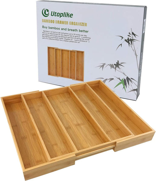 New Utoplike Bamboo Expandable Kitchen Drawer Organizer, Adjustable Utensil Holder and Cutlery Tray, Drawer Divider