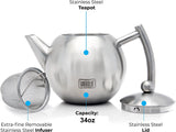 New Venoly Stainless Steel Tea Pot with Removable Infuser for Loose Leaf and Tea Bags, Dishwasher Safe and Heat Resistant, 34 Ounce!