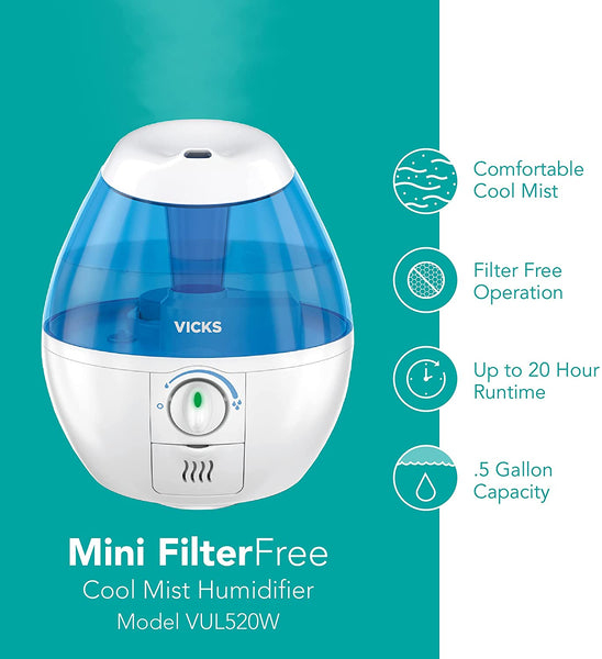 New in box! VICKS VUL520W Filter-Free Cool Mist Humidifier, Mini Personal Size, Blue! Never needs filter replaced! Auto shut off