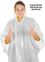 New in package! 5 Pack Wealers Poncho One Size Fit All with Hood, White! Each one comes in its own individually packaged in a poly bag