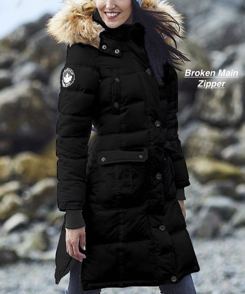 (BROKEN MAIN ZIPPER) Brand new Black Faux Fur-Trim Long Puffer Coat - Women's Canada Weather Gear! Sz M! Retails $280+
