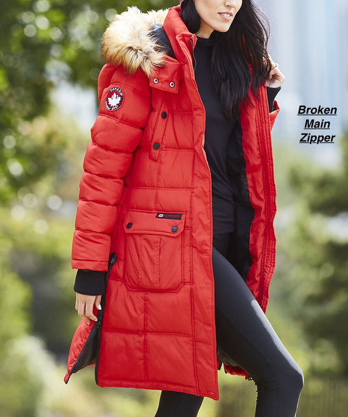 (BROKEN MAIN ZIPPER) Brand new Red Faux Fur-Trim Long Puffer Coat - Women's Canada Weather Gear! Sz S! Retails $280+