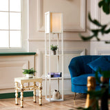 New Wayfair Latitude Run 63 in. White Etagere Floor Lamp with 3 Wood Storage Shelves and Linen Shade! Retails $125+