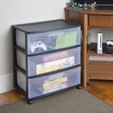 New Sterilite Wide 3 Drawer Black Cart, Casters provide rolling storage options