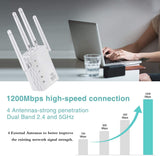 New WiFi Range Extender 1200Mbps, Wireless Signal Repeater Booster 2.4 & 5GHz Dual Band 4 Antennas 360° Full Coverage,Wireless Internet Signal Amplifier, Extend WiFi Signal to Smart Home Devices