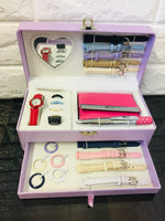 New My Wish Watch set in Keepsake Tiered Case! Includes Wallet, Pen & watch with 10 Interchangeable bands & faces! Small rip on top of case as shown