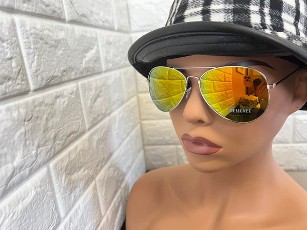 New Unisex Designer Rep Aviator Sunglasses, Yellow Mirrored, UV 400