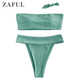 New ZAFUL Ribbed High Leg Bandeau Bikini Swimsuit - Sea Turtle Green, Sz S!