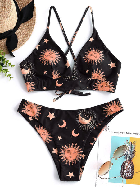 New ZAFUL Star Sun Moon Lace Up Bikini Set Spaghetti Straps Wire Free Swim Suit Women Summer Bathing Suit High Cut Padded Swimwear, Sz L